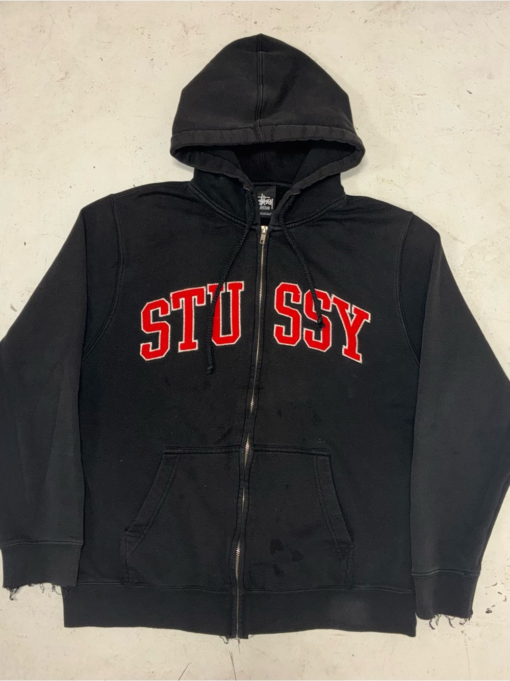 Y2K Stussy Black Hoodie Zip Up Sweatshirt Distressed Spellout
